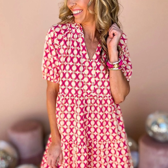 JODIFL Boho Shirt Dress Hot Pink Retro Pattern Cocktail Chic A Line Oversize - Picture 6 of 15